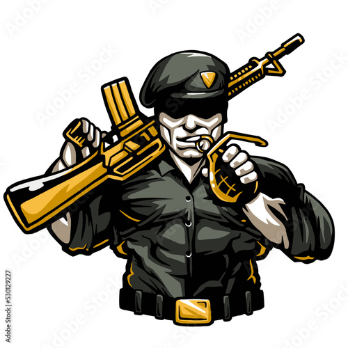military commando with gun and grenade, logo, cartoon, mascot, character, illustration, vector