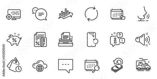 Outline set of Time management, Accounting and Growth chart line icons for web application. Talk, information, delivery truck outline icon. Include Seo, Loud sound, Full rotation icons. Vector