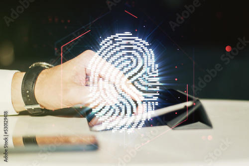 Multi exposure of creative fingerprint hologram with finger presses on a digital tablet on background, personal biometric data concept