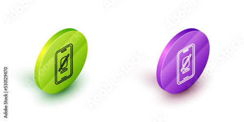 Isometric line Mute microphone on mobile phone icon isolated on white background. Microphone audio muted. Green and purple circle buttons. Vector