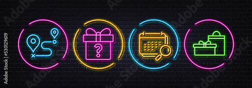 Secret gift, Journey and Calendar minimal line icons. Neon laser 3d lights. Gifts icons. For web, application, printing. Unknown package, Trip distance, Search appointment. Birthday boxes. Vector