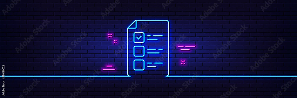 Neon light glow effect. Voting ballot paper line icon. Vote checklist sign. Public election symbol. 3d line neon glow icon. Brick wall banner. Voting ballot outline. Vector Neon light glow effect. Voting ballot paper line icon. Vote checklist sign. Public election symbol. 3d line neon glow icon. Brick wall banner. Voting ballot outline. Vector