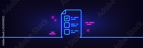 Neon light glow effect. Voting ballot paper line icon. Vote checklist sign. Public election symbol. 3d line neon glow icon. Brick wall banner. Voting ballot outline. Vector