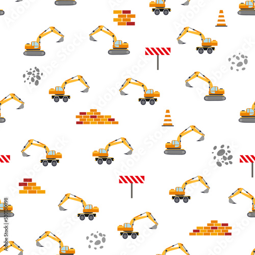 Cute childish seamless pattern with yellow car dump truck, crane, concrete mixer. Construction site illustration in cartoon style