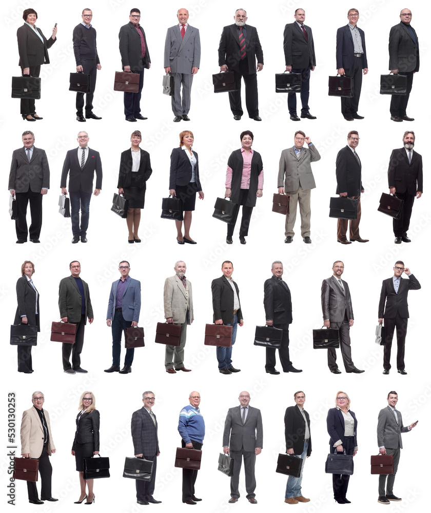collage, group of businessmen with briefcase isolated