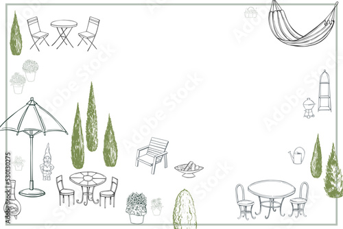 Hand drawn garden furniture. Vector background.