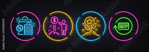 Shopping bags, Income money and Loyalty points minimal line icons. Neon laser 3d lights. Refund commission icons. For web, application, printing. Sale discount, Wealth, Bonus grows. Vector