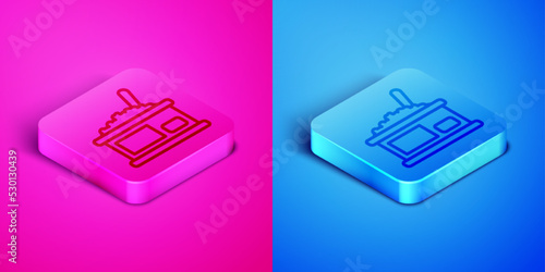 Isometric line Tin can with caviar icon isolated on pink and blue background. Square button. Vector