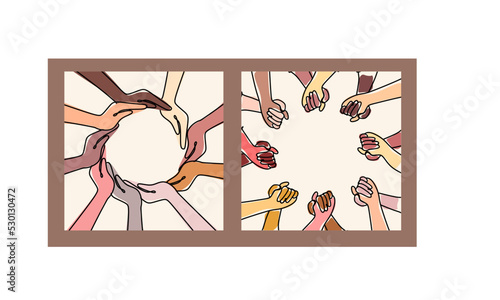 The concept of Inclusion, Diversity and Equity. Multinational hands form a circle.