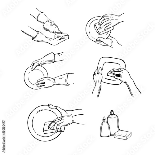 Hands washing dishes. Sketch  illustration.