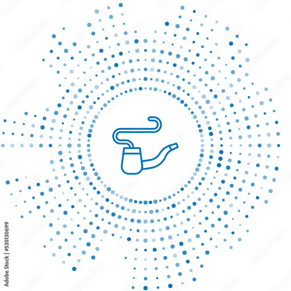 Blue line Smoking pipe with smoke icon isolated on white background. Tobacco pipe. Abstract circle random dots. Vector Blue line Smoking pipe with smoke icon isolated on white background. Tobacco pipe. Abstract circle random dots. Vector