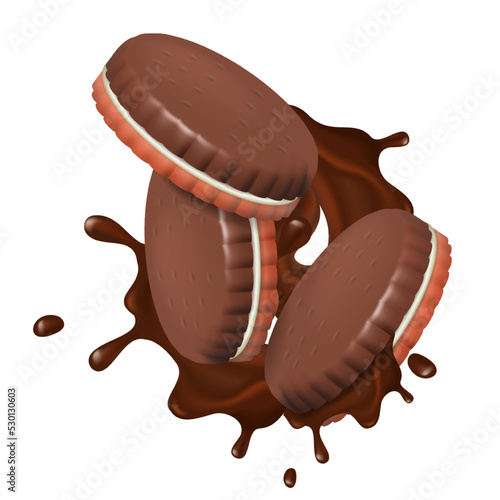 Realistic Cookies and crackers with splashes of chocolate. Isolated. White background. Vector illustration.