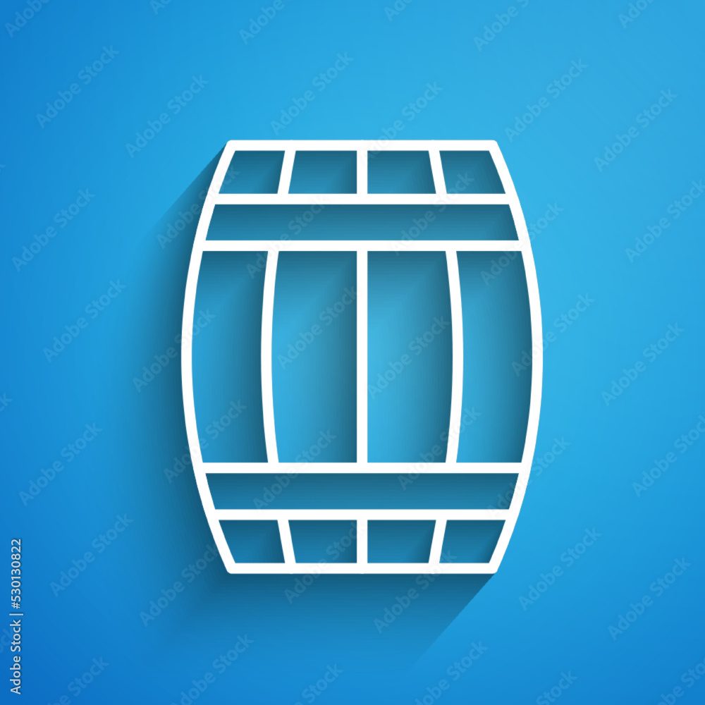 White line Wooden barrel icon isolated on blue background. Alcohol barrel, drink container, wooden keg for beer, whiskey, wine. Long shadow. Vector White line Wooden barrel icon isolated on blue background. Alcohol barrel, drink container, wooden keg for beer, whiskey, wine. Long shadow. Vector