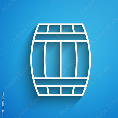 White line Wooden barrel icon isolated on blue background. Alcohol barrel, drink container, wooden keg for beer, whiskey, wine. Long shadow. Vector
