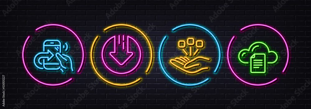 Download arrow, Share call and Consolidation minimal line icons. Neon laser 3d lights. File storage icons. For web, application, printing. Crisis, Phone support, Strategy. Cloud computing. Vector