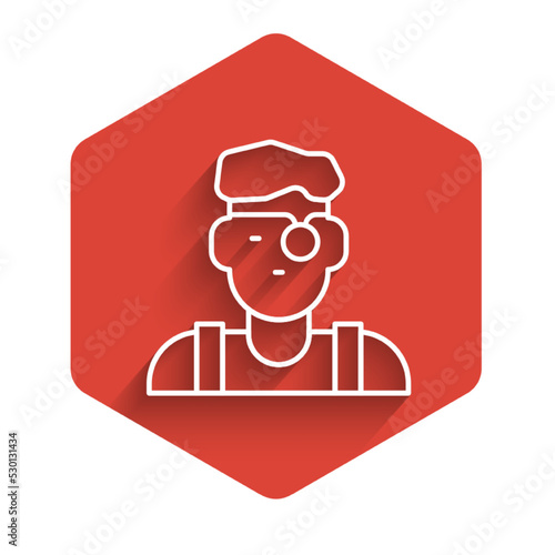White line Jeweler man icon isolated with long shadow background. Red hexagon button. Vector