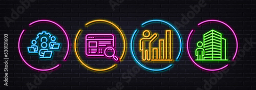 Graph chart, Website search and Teamwork minimal line icons. Neon laser 3d lights. Agent icons. For web, application, printing. Growth report, Find internet, Remote work. Real estate. Vector