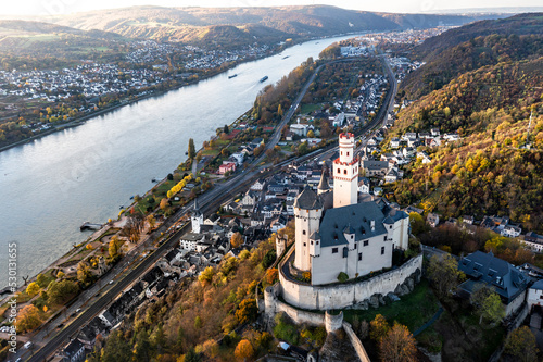 Aerial view of the Rhine Valley with the Marksburg Castle, Braubach, UNESCO World Heritage Site, Upper Middle Rhine Valley, Rhineland-Palatinate, Germany photo