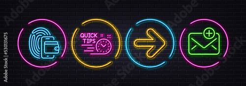 Next, Quick tips and Wallet minimal line icons. Neon laser 3d lights. New mail icons. For web, application, printing. Forward, Helpful tricks, Fingerprint access. Add e-mail. Vector