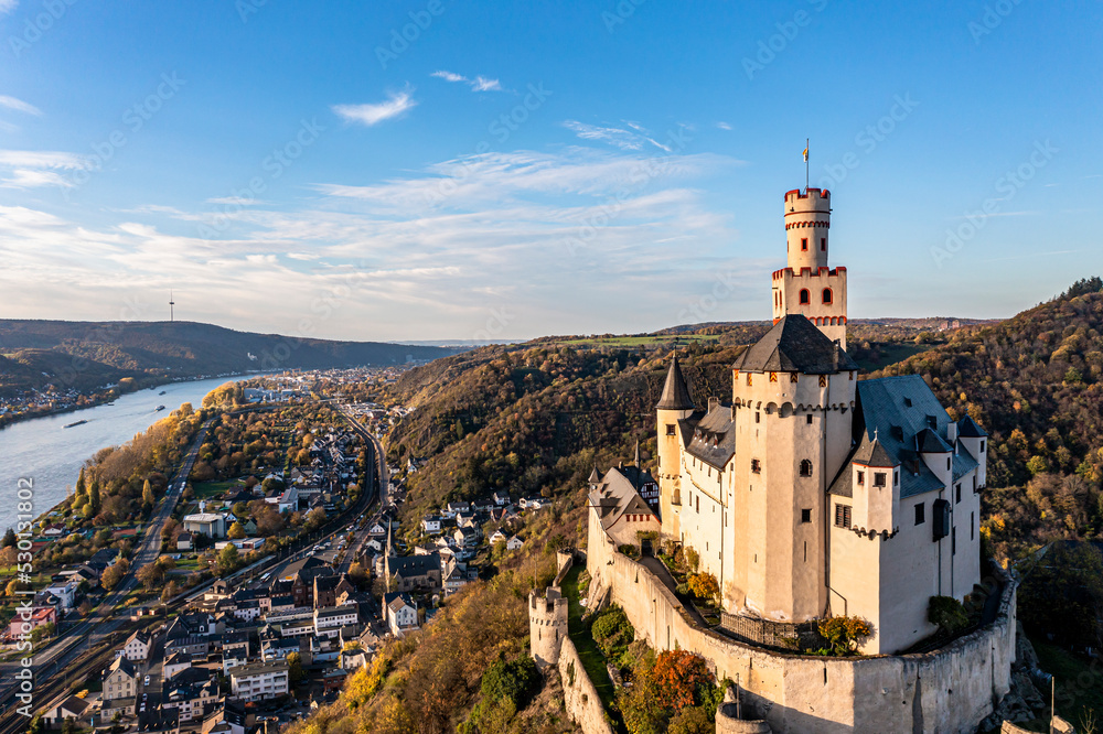 Aerial view of the Rhine Valley with the Marksburg Castle, Braubach, UNESCO World Heritage Site, Upper Middle Rhine Valley, Rhineland-Palatinate, Germany