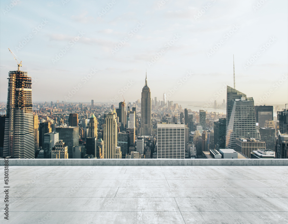 Empty concrete dirty rooftop on the background of a beautiful New York city skyline at daytime, mockup
