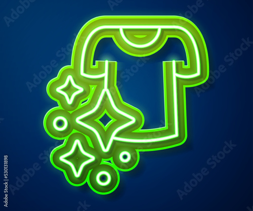 Glowing neon line Drying clothes icon isolated on blue background. Clean shirt. Wash clothes on a rope with clothespins. Clothing care and tidiness. Vector