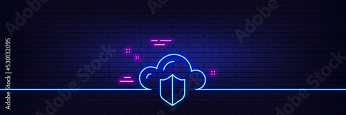 Neon light glow effect. Cloud computing protection line icon. Internet data storage sign. File hosting technology symbol. 3d line neon glow icon. Brick wall banner. Cloud protection outline. Vector
