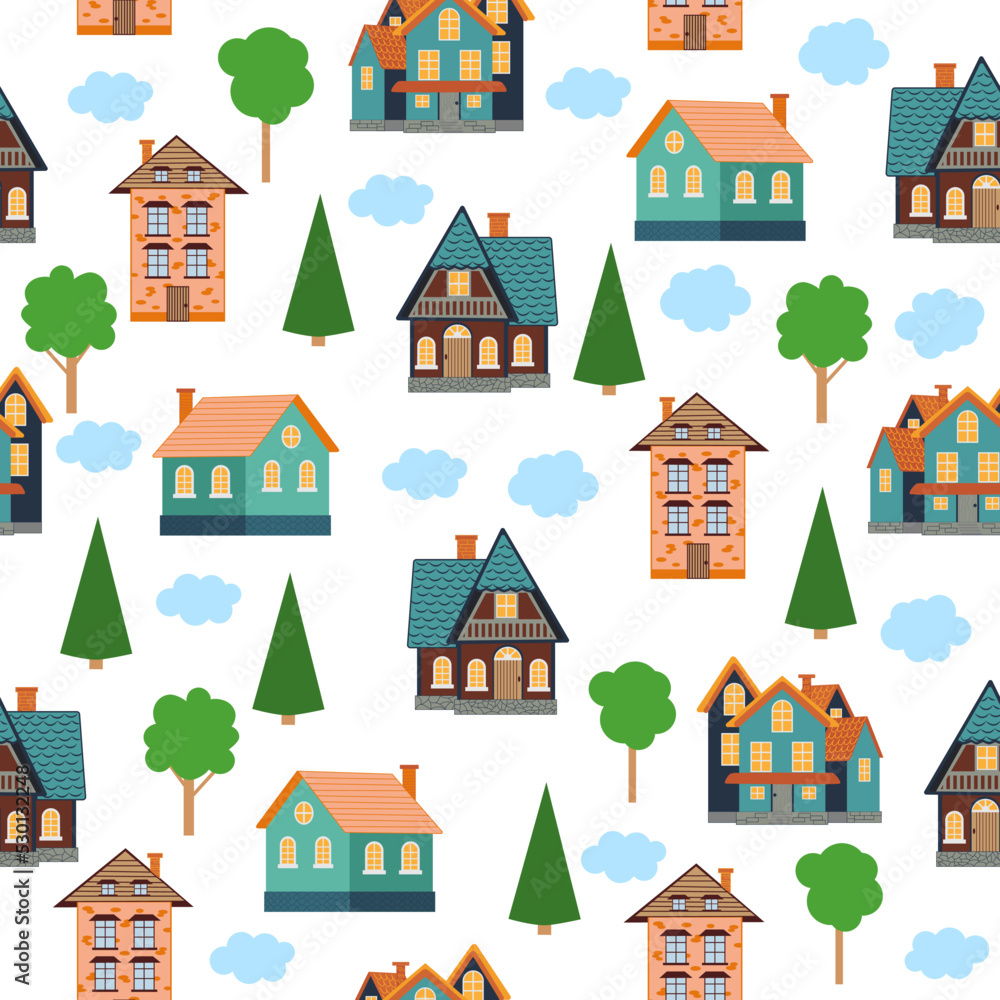 Seamless pattern of different colorful houses.