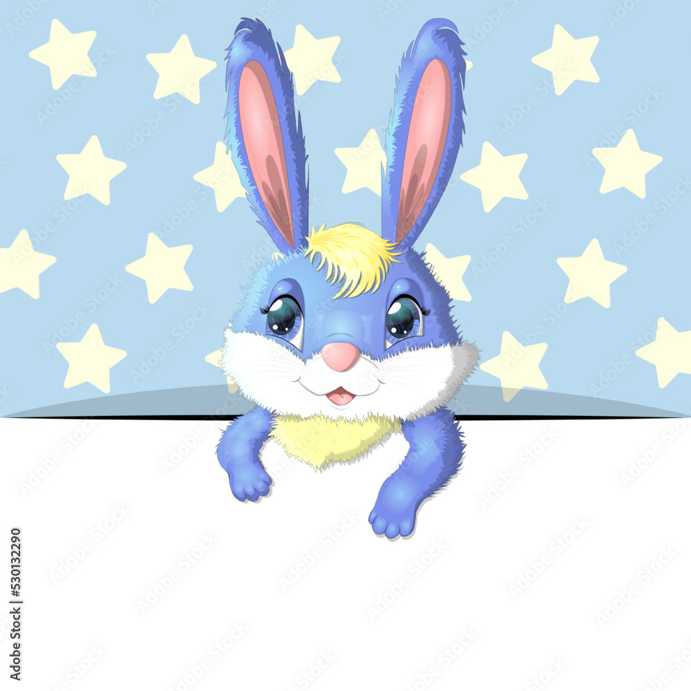 Fototapeta premium Greeting card cute cartoon animal holding a poster with place for text
