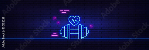Neon light glow effect. Dumbbell with heartbeat line icon. Workout equipment sign. Cardio Gym fit symbol. 3d line neon glow icon. Brick wall banner. Dumbbell outline. Vector