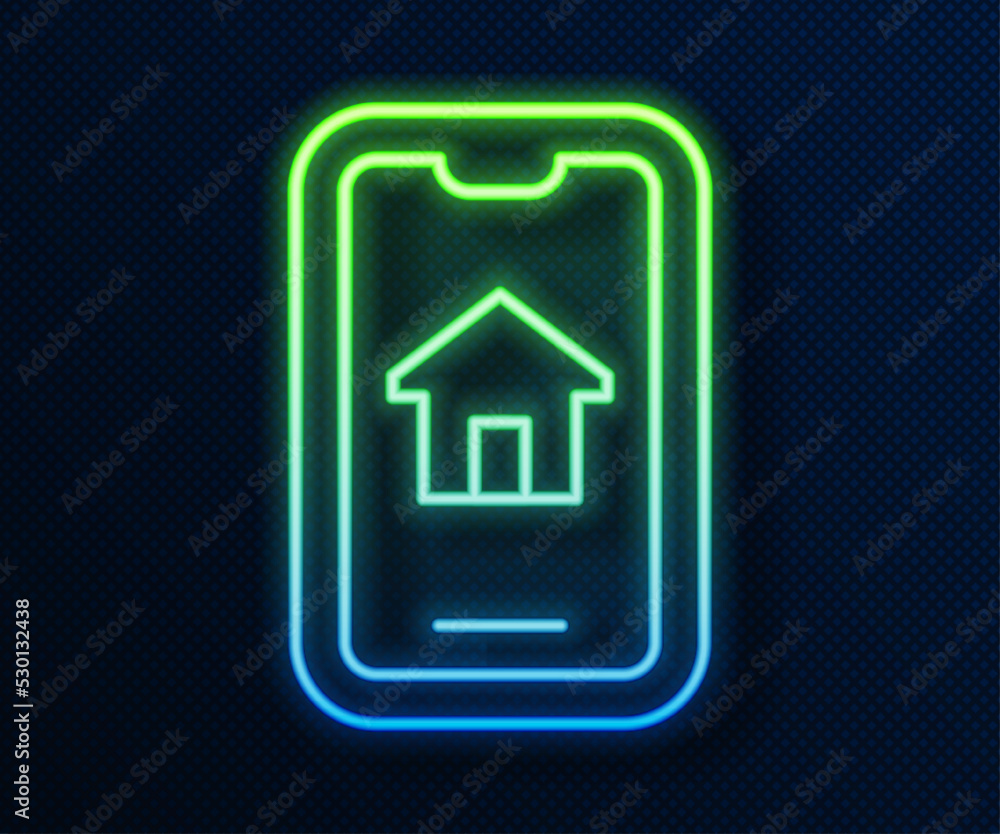 Glowing neon line Online real estate house on smartphone icon isolated on blue background. Home loan concept, rent, buy, buying a property. Vector Glowing neon line Online real estate house on smartphone icon isolated on blue background. Home loan concept, rent, buy, buying a property. Vector