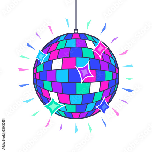 Illustration of disco ball. Mirror glitter sphere with reflecting surface. Image for party flyer.