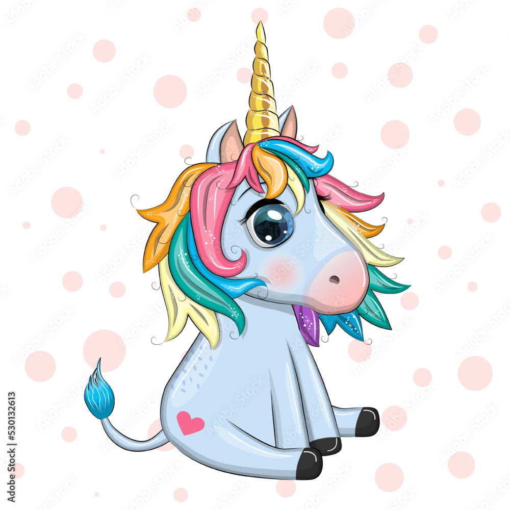 Naklejka premium Blue unicorn pony sitting. Cute baby card, baby with big eyes