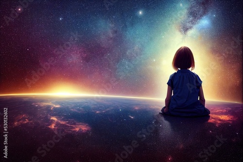 illustration of a girl looking into the universe