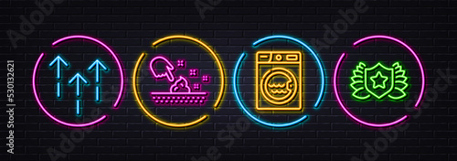 Swipe up, Skin moisture and Laundry minimal line icons. Neon laser 3d lights. Laureate icons. For web, application, printing. Scrolling arrow, Wet cream, Washing machine. Award shield. Vector