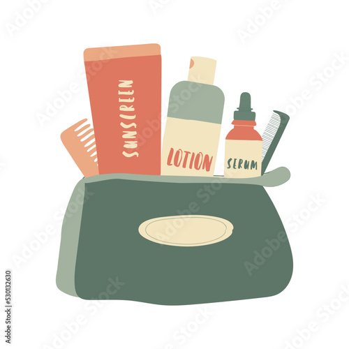 Flat vector illustration: hand drawn toiletry bag with skin care products. Cream jar and tube, lotion dispenser, hair brush, serum roller. Perfect for shop, home decor, stickers, cards, flyers etc