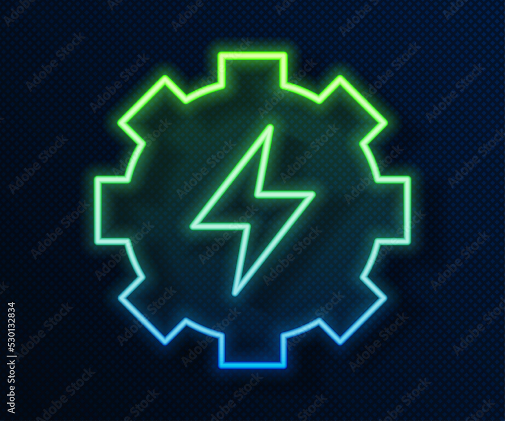 Glowing neon line Gear and lightning icon isolated on blue background. Electric power. Lightning bolt sign. Vector Glowing neon line Gear and lightning icon isolated on blue background. Electric power. Lightning bolt sign. Vector