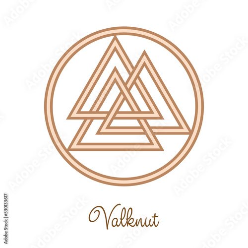 Walknut, sign of God Odin, decorated with ornaments in a wreath of Scandinavian weaving. Pendant. Beige trendy