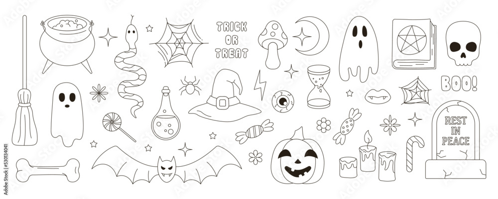 A set of line elements for Halloween. Objects in the groovy style of retro 60-70s. Illustration for coloring