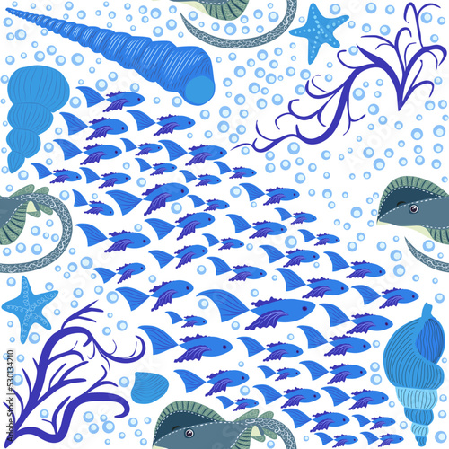 Batomorphi sea life, fish, animals bright seamless pattern. sea travel, snorkeling with animals, tropical fish photo