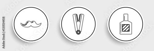 Set line Aftershave, Mustache and Curling iron for hair icon. Vector