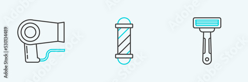 Set line Shaving razor, Hair dryer and Classic Barber shop pole icon. Vector