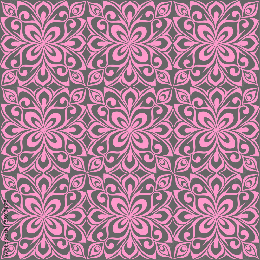 seamless graphic pattern, floral pink ornament tile on gray background, texture, design seamless graphic pattern, floral pink ornament tile on gray background, texture, design