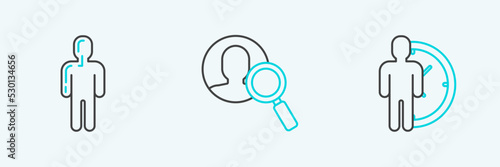 Set line Time Management, User of man in business suit and Magnifying glass for search people icon. Vector