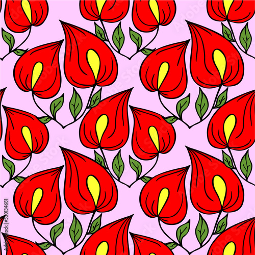 seamless symmetrical graphic pattern of red flowers on a pink background, texter, design