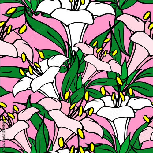 seamless symmetrical graphic pattern of white and pink flowers on a pink background, texter, design
