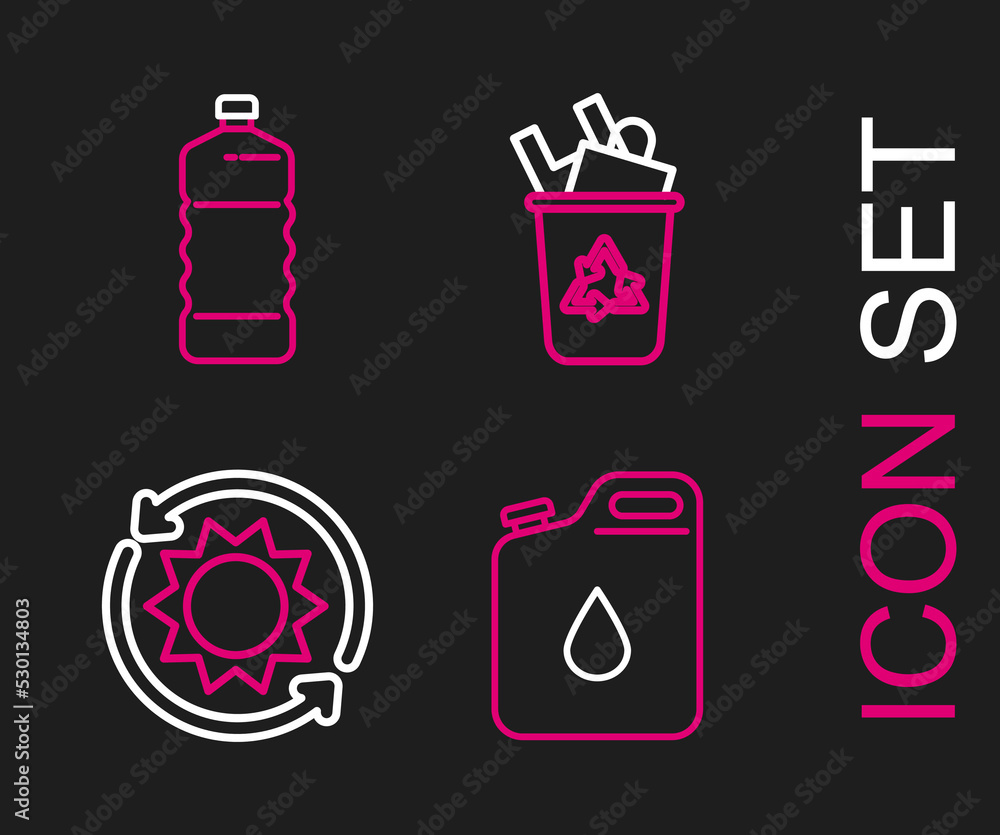 Set line Canister for gasoline, Solar energy panel, Recycle bin with recycle symbol and Plastic bottle icon. Vector Set line Canister for gasoline, Solar energy panel, Recycle bin with recycle symbol and Plastic bottle icon. Vector