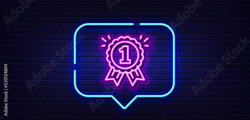 Neon light speech bubble. Reward Medal line icon. Winner achievement or Award symbol. Glory or Honor sign. Neon light background. Reward glow line. Brick wall banner. Vector