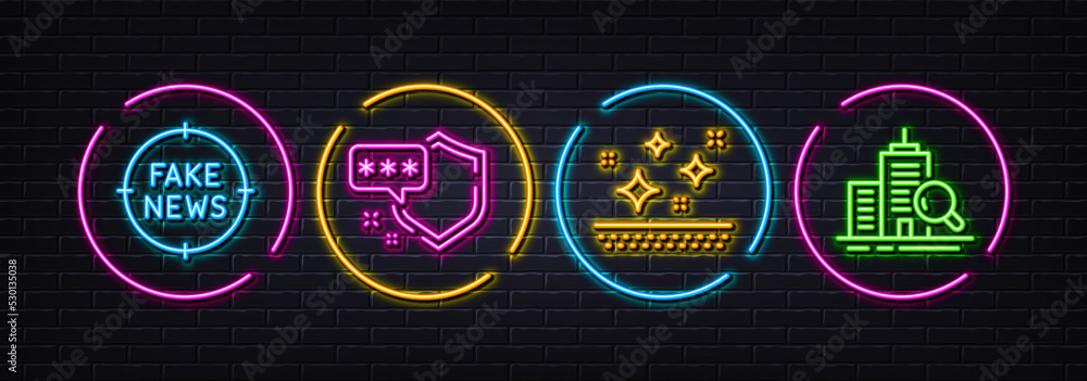 Fake news, Clean skin and Shield minimal line icons. Neon laser 3d lights. Inspect icons. For web, application, printing. Wrong information, Face cream, Safe secure. Search building. Vector