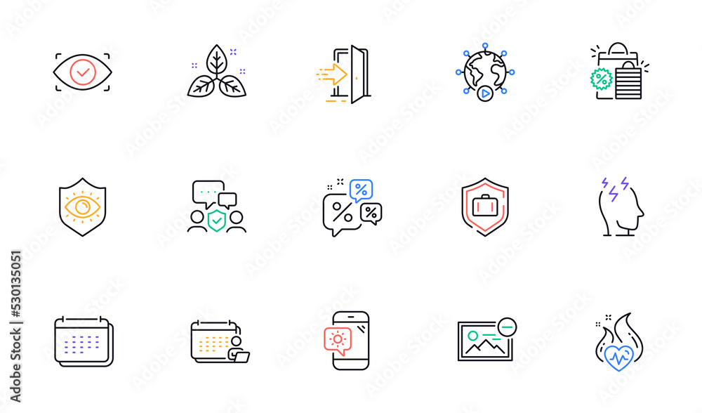 Entrance, Security agency and Eye protection line icons for website, printing. Collection of Luggage protect, Remove image, Weather phone icons. Discounts chat, Cardio training. Vector